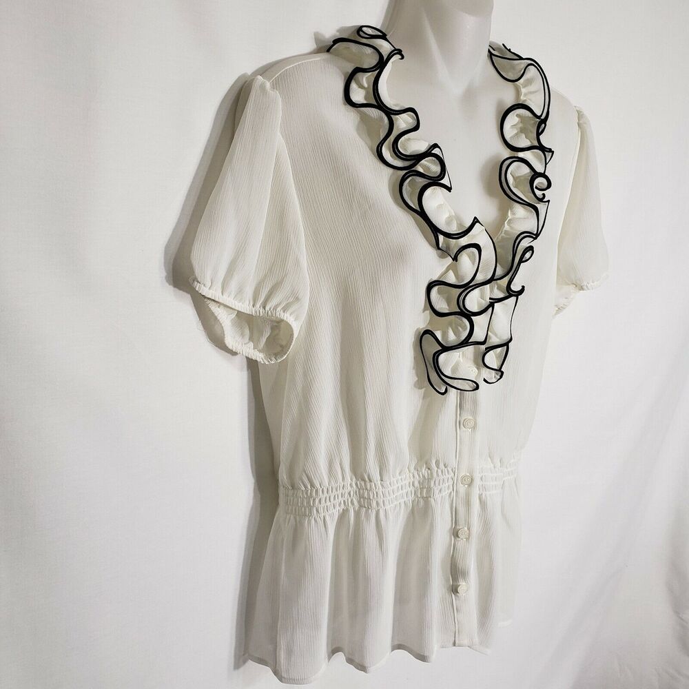 AGB Womens Top Large Ivory Sheer Ruffle Accent Button Elastic Waist Blouse - Picture 4 of 10